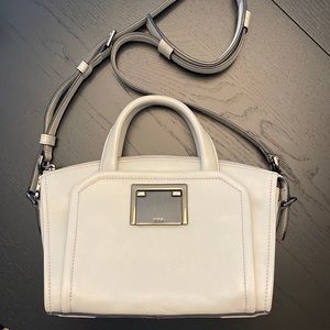 Tumi light grey leather handbag with crossbody strap, excellent condition